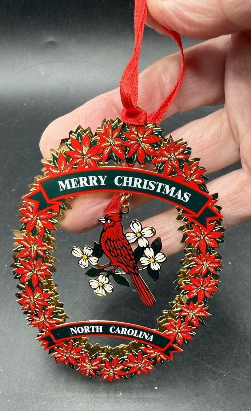 Christmas Holly Wreath Cardinal Bird Ornament Poinsettia North Carolina LO31